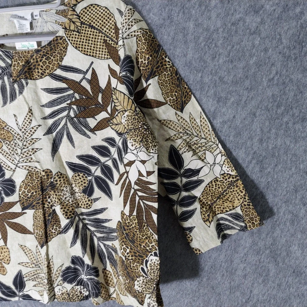 Hot Cotton Women Tunic M Tan Resort Safari Tropical Linen Floral Animal 3/4 Slve - Picture 3 of 7